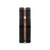 Galileo black tungsten wedding band standing upright, front view of the espresso groove