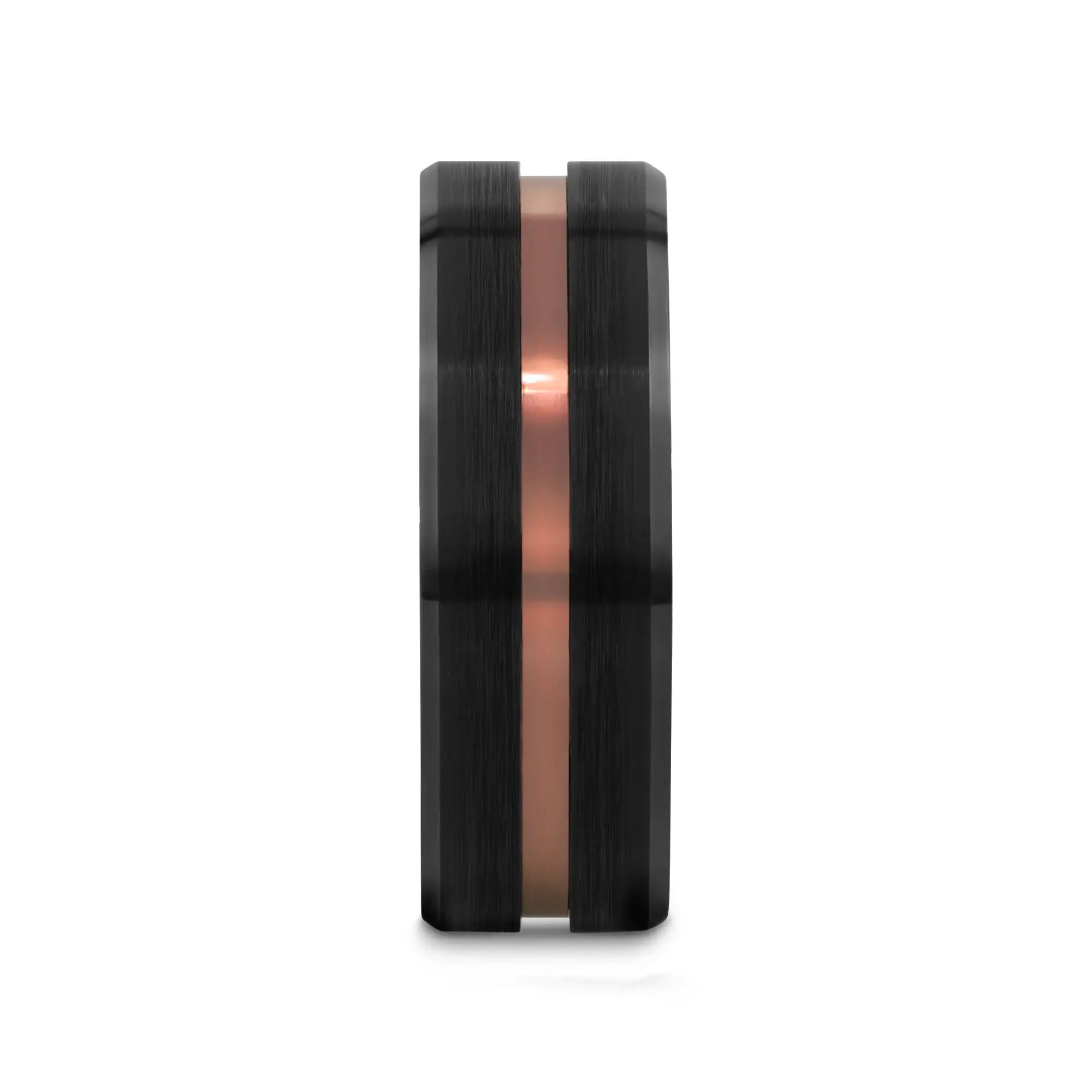 Galileo black tungsten wedding band standing upright, front view of the espresso groove