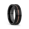 Galileo flat brushed black tungsten men's wedding band with espresso groove center, side view