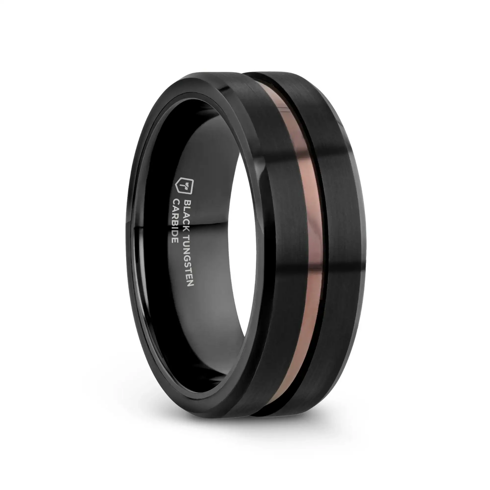 Galileo flat brushed black tungsten men's wedding band with espresso groove center, side view