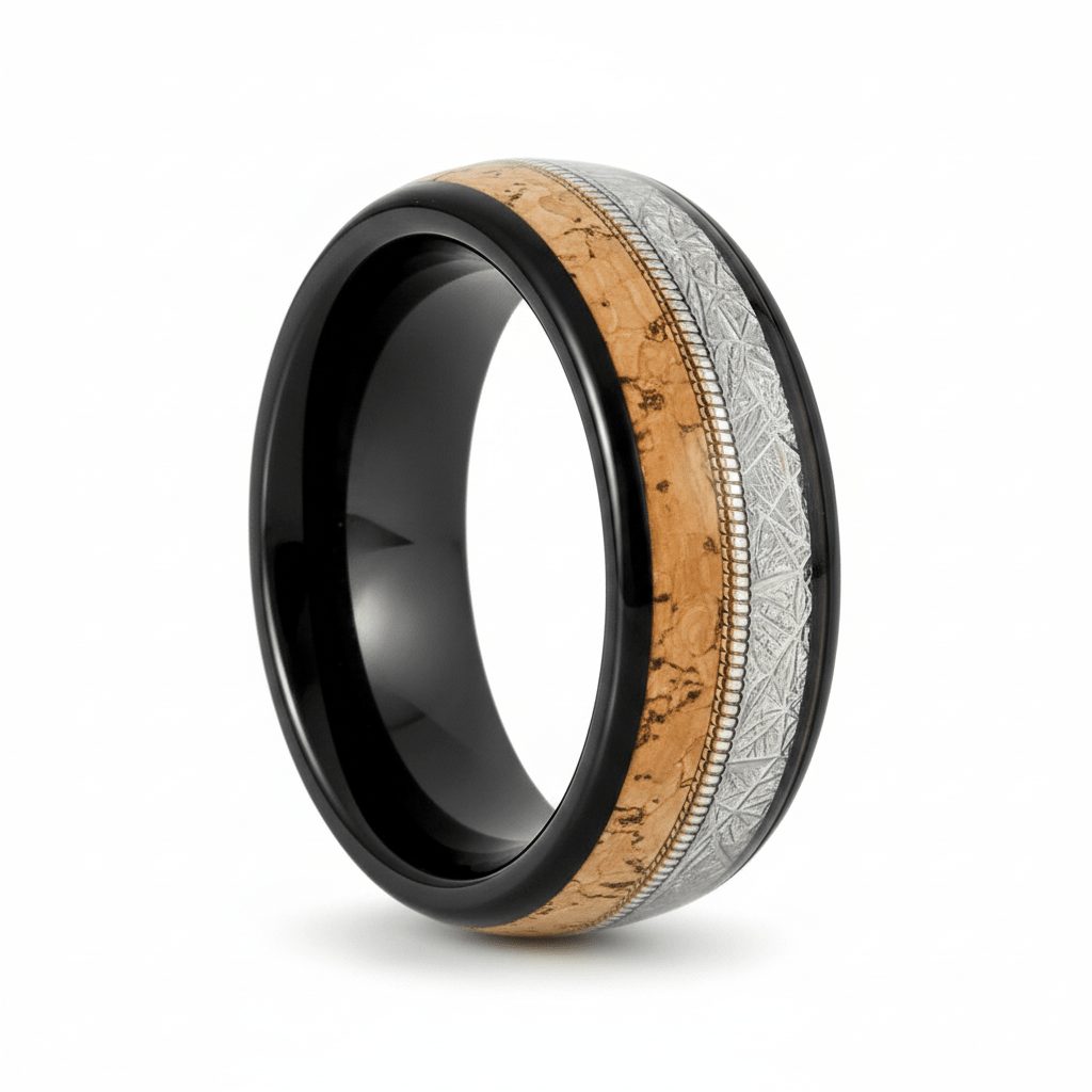 Khonsu black tungsten ring with cork, meteorite, and guitar string inlay, front view