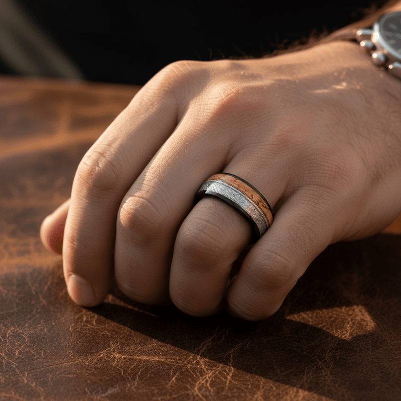 Khonsu black tungsten ring with cork, meteorite, and guitar string inlay, front view