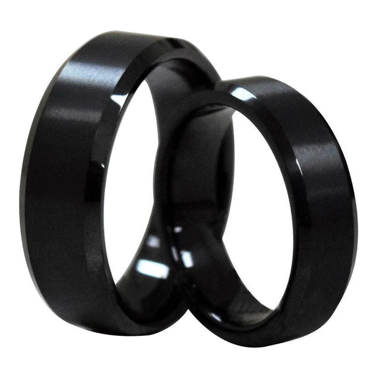 Mercer matching wedding ring set – black tungsten with brushed center and polished beveled edges