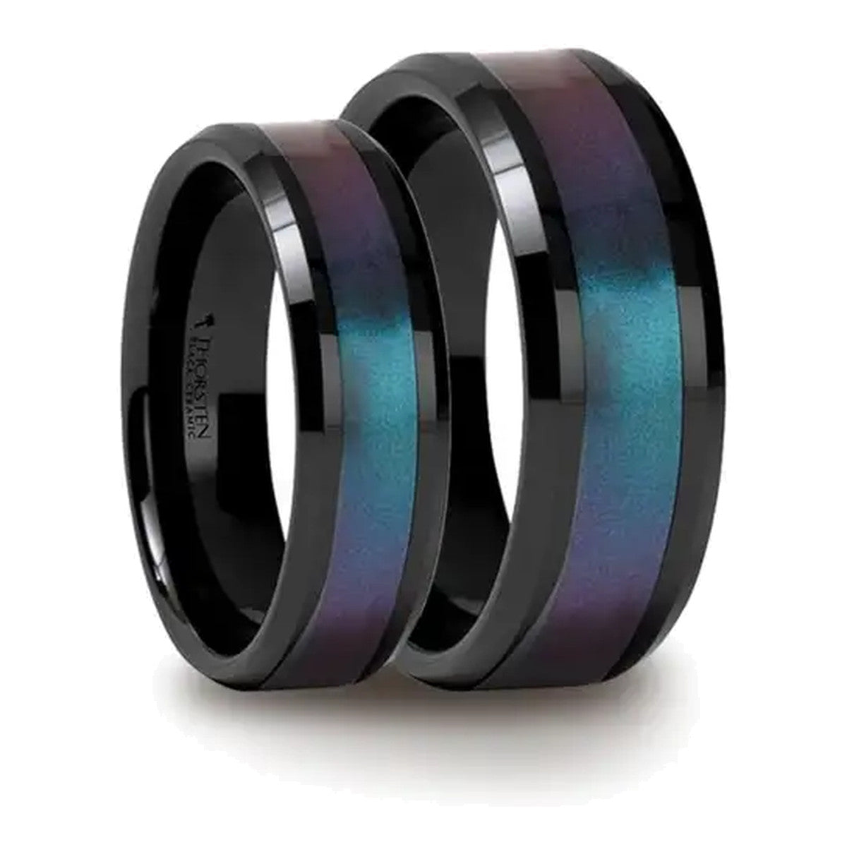 Nivo matching wedding ring set – black ceramic with beveled edges and blue-purple color-changing inlay