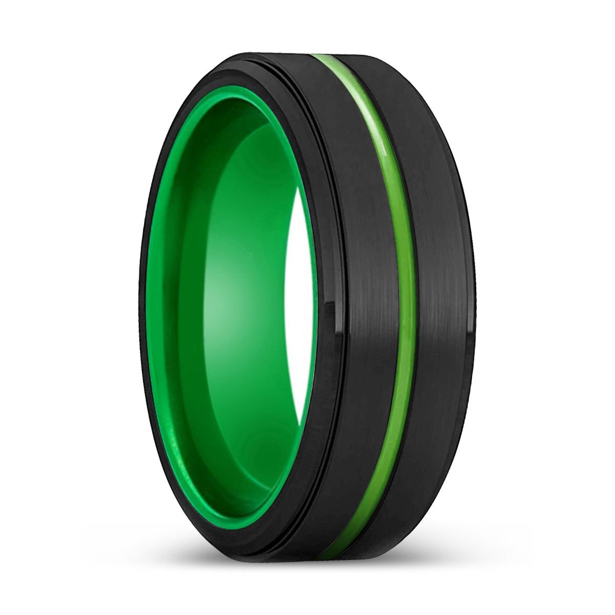 Geb black tungsten ring with green groove, front view