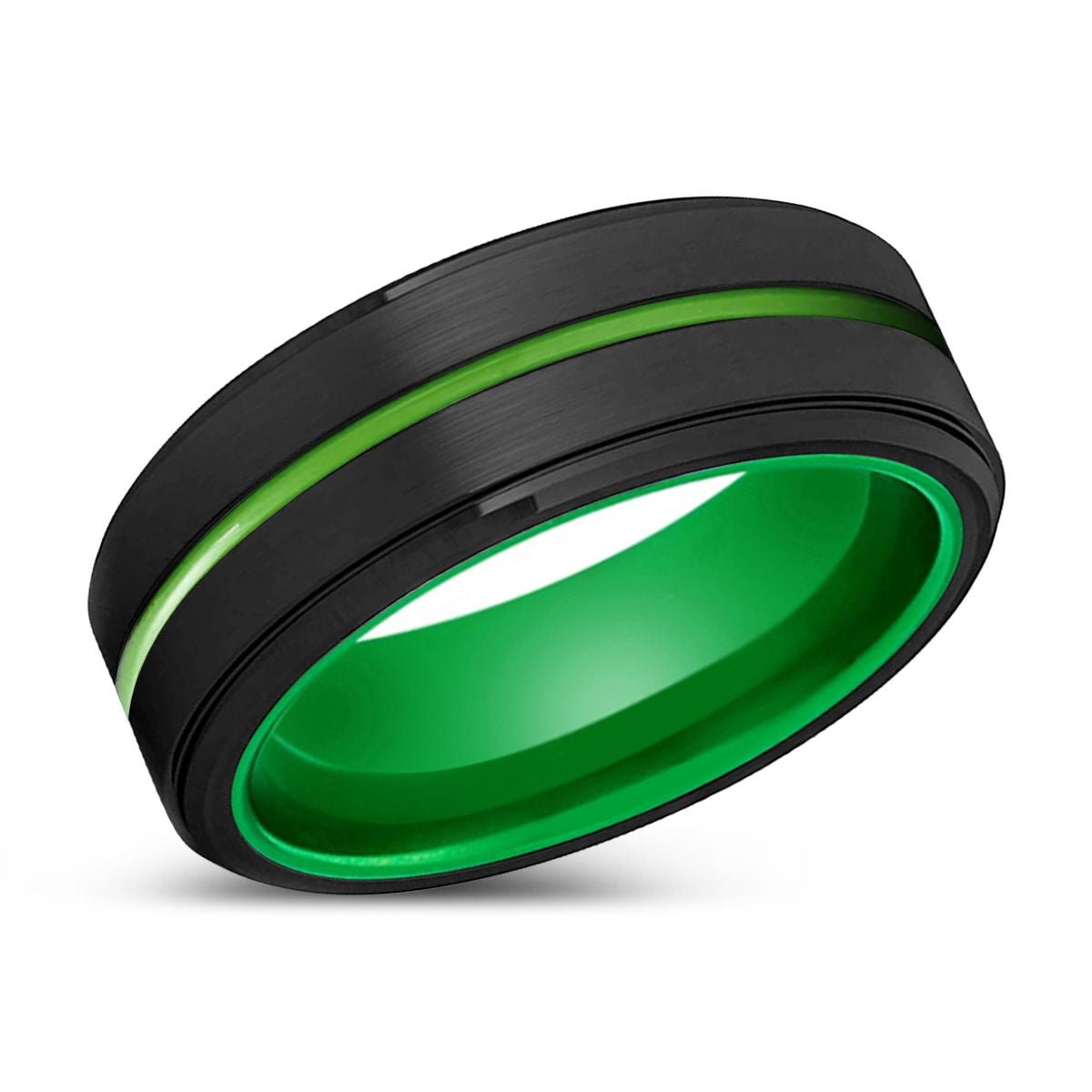Geb black tungsten ring with green groove, side view