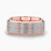 Susa rose gold tungsten ring with fleur cross engraving, flat lay