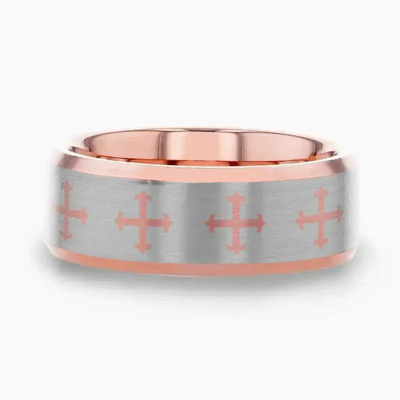 Susa rose gold tungsten ring with fleur cross engraving, flat lay