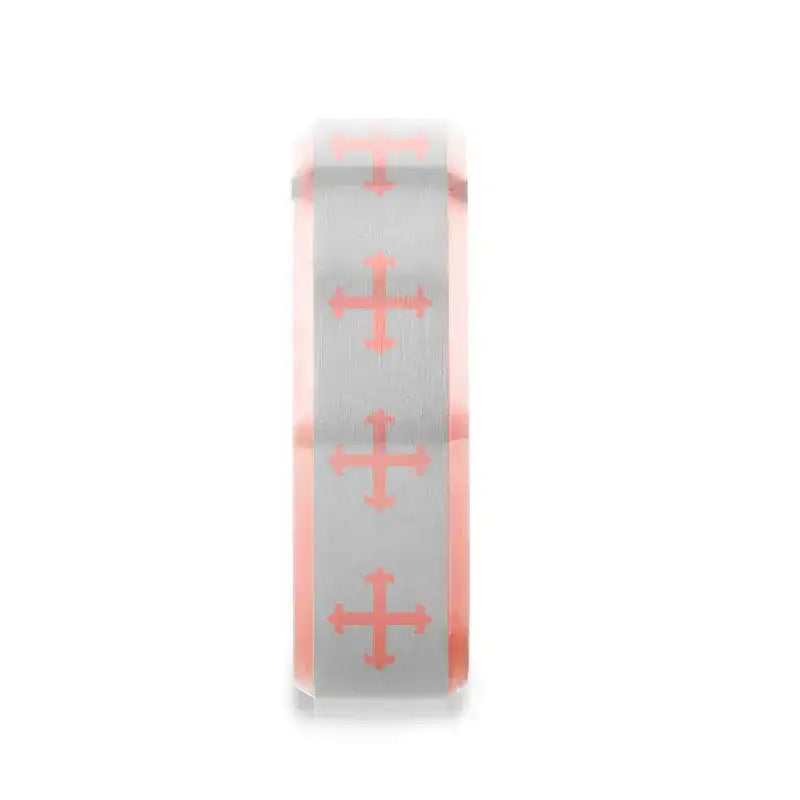 Susa rose gold tungsten ring with fleur cross engraving, front view
