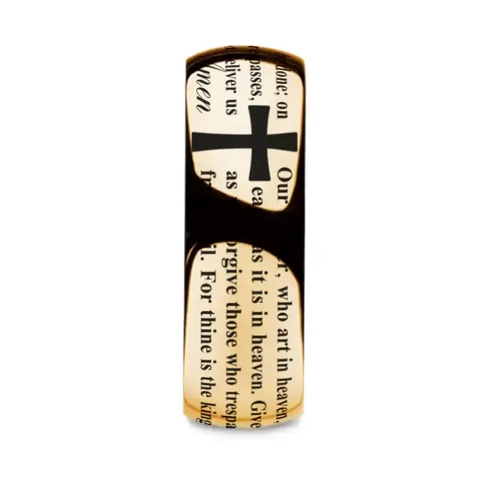 Nicaea gold-plated tungsten ring with Lord's Prayer engraving, flat lay