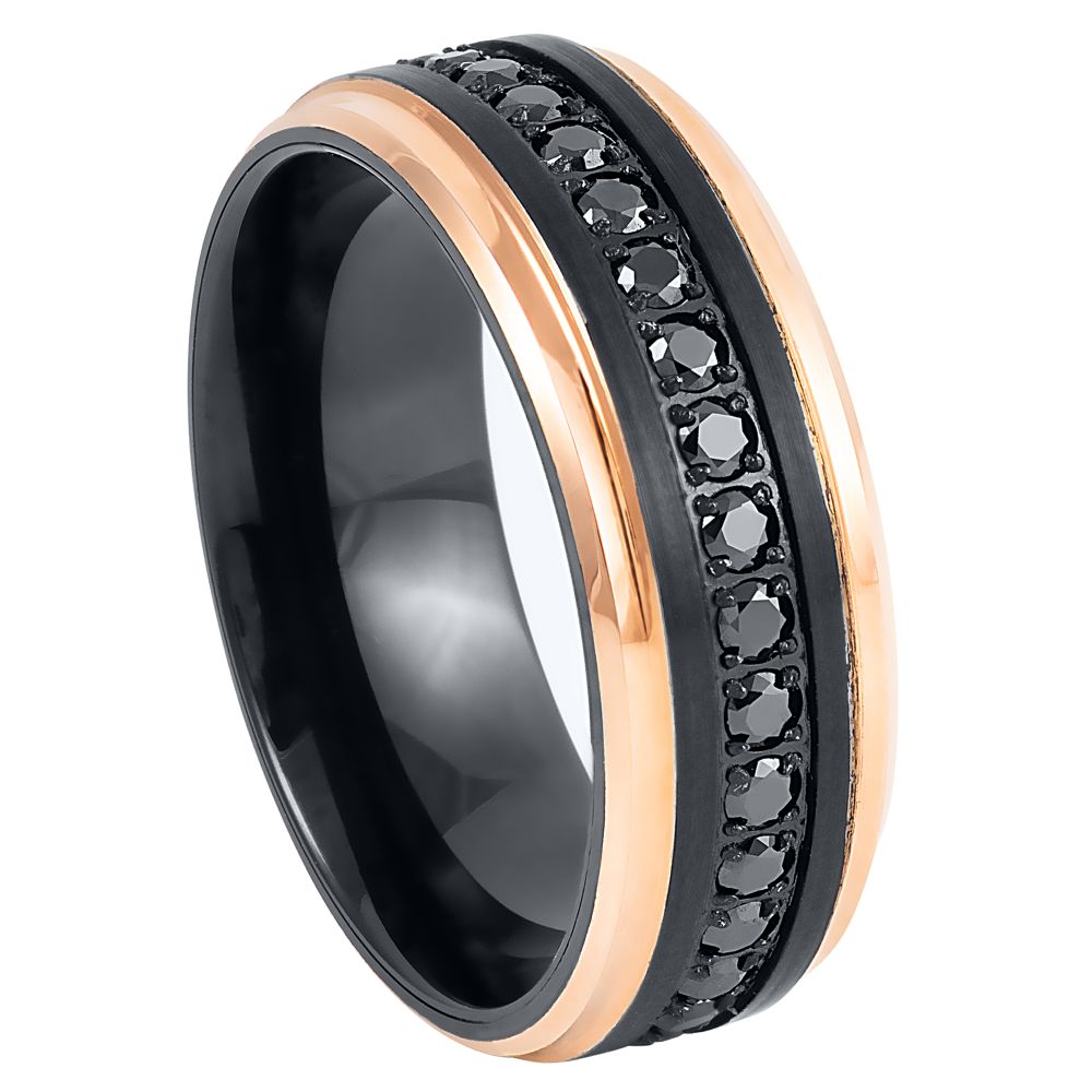 Prometheus black tungsten ring with rose gold edges and black CZ, front view