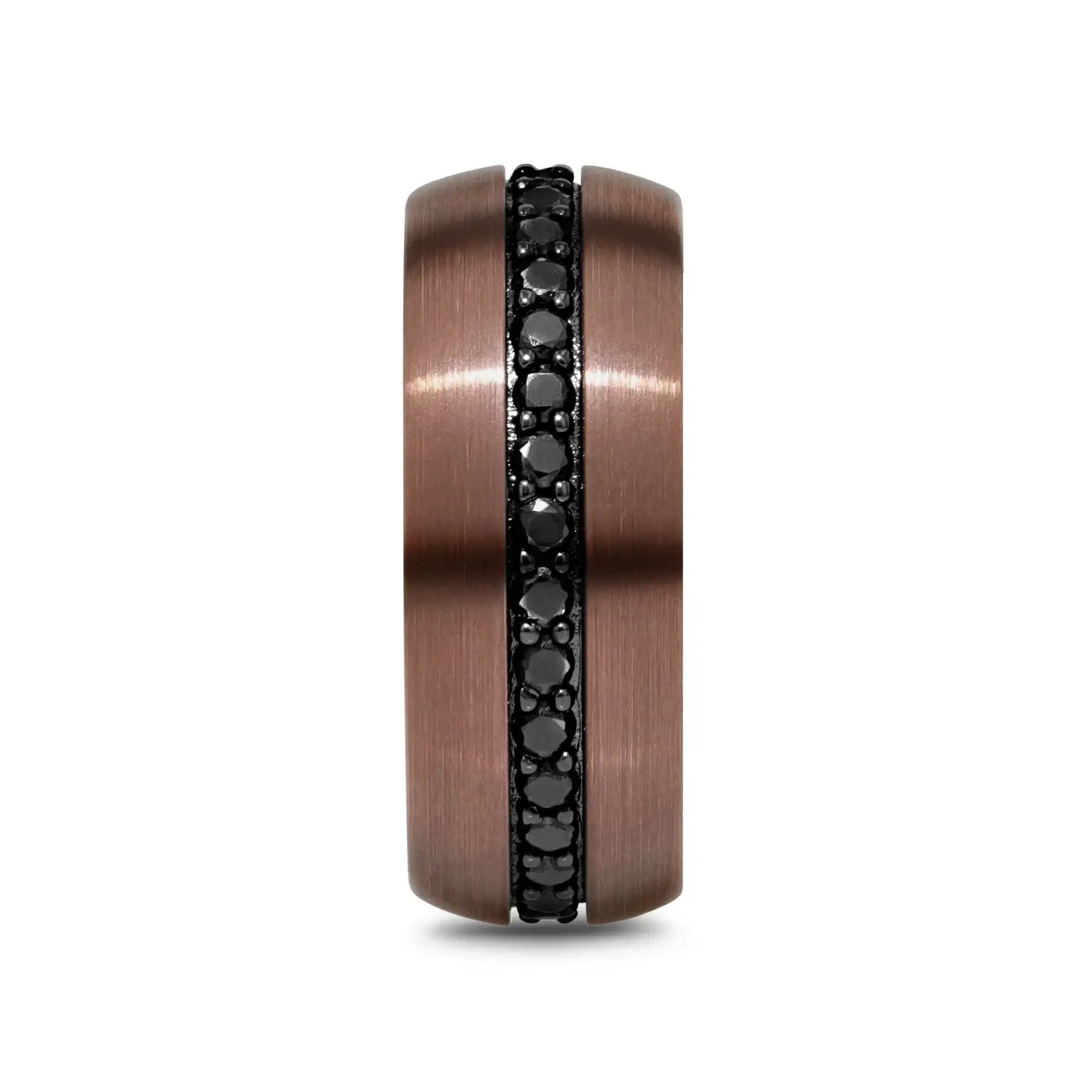 Ramses 8mm espresso tungsten ring showing the row of black sapphires