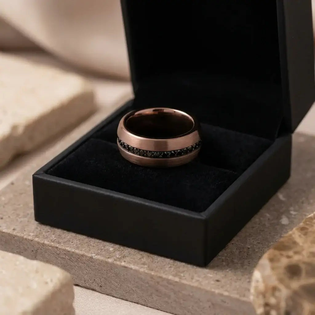 Close-up of the black sapphires set into the Ramses tungsten carbide band