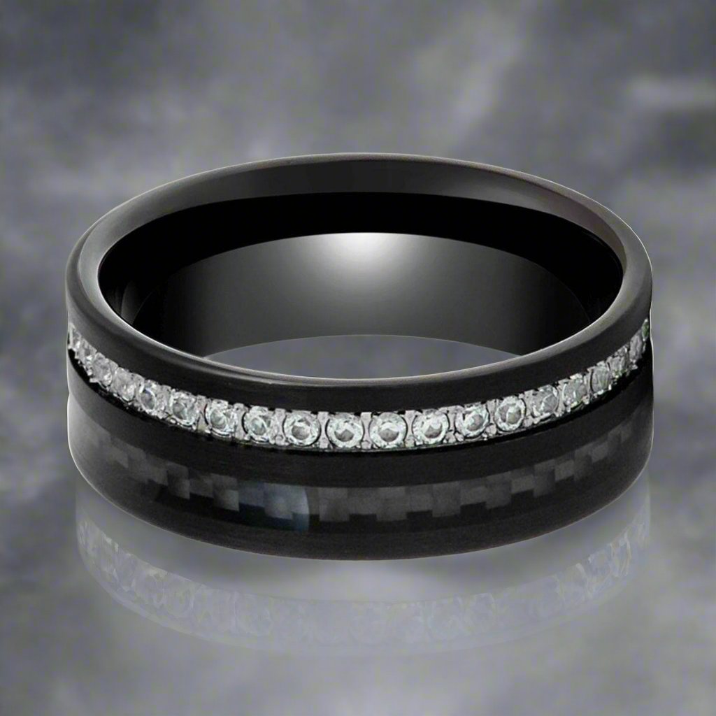 Anhur black tungsten ring with carbon fiber and white CZ eternity, detail view