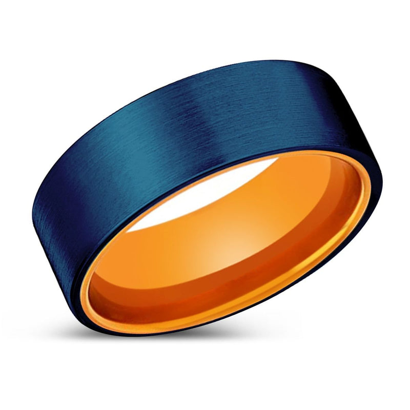 Pan blue tungsten ring with orange aluminum sleeve, front view