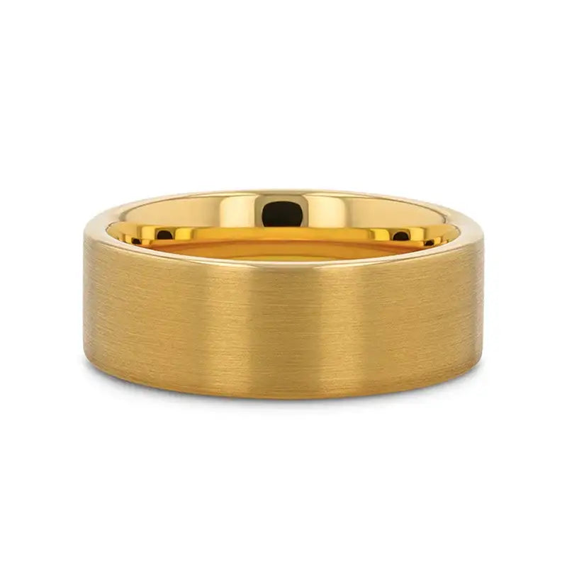 Ithaca gold-plated brushed tungsten ring, flat lay