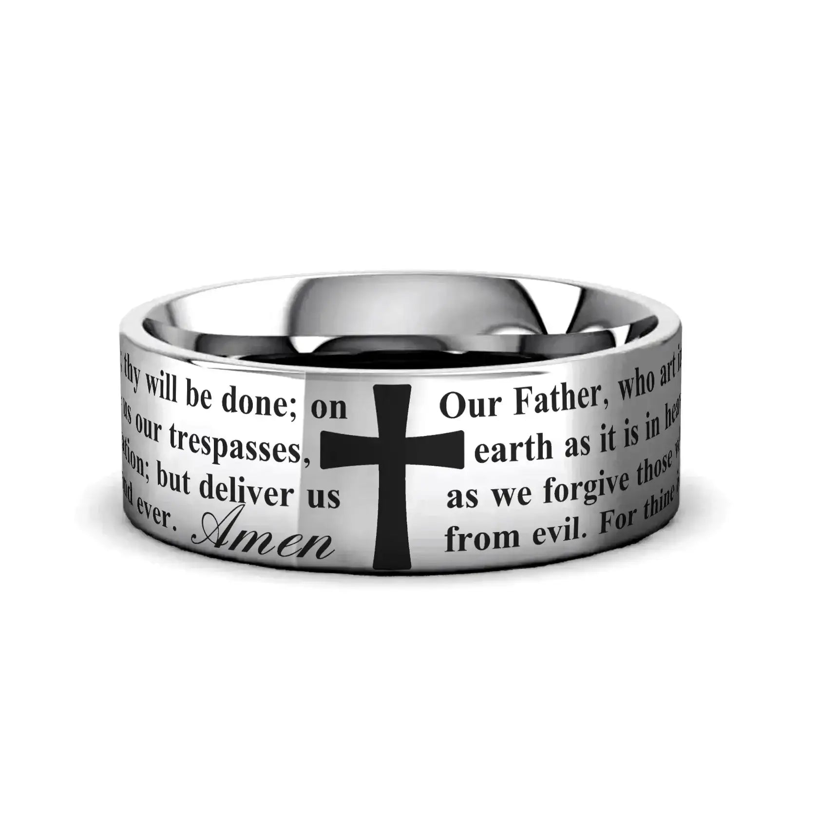 Ephesus natural tungsten ring with Lord's Prayer engraving, flat lay