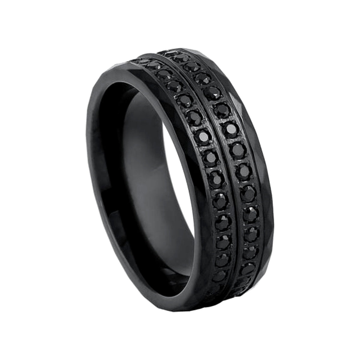 Sobek black titanium ring with white CZ eternity row, front view