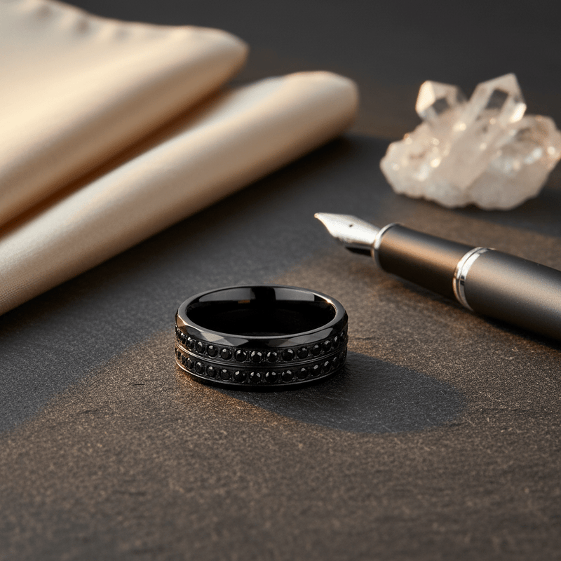Sobek black titanium ring with white CZ eternity row, front view