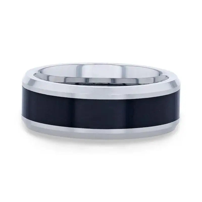 Karnak tungsten ring with black ceramic inlay, flat lay