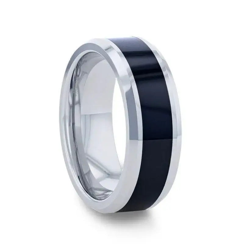 Karnak tungsten ring with black ceramic inlay, side view