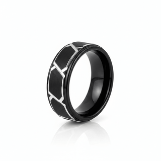 Hephaestus Men's Brushed Black Tungsten Ring with Silver Trapezoid Pattern - 8mm - 7.00 / 8mm / Black