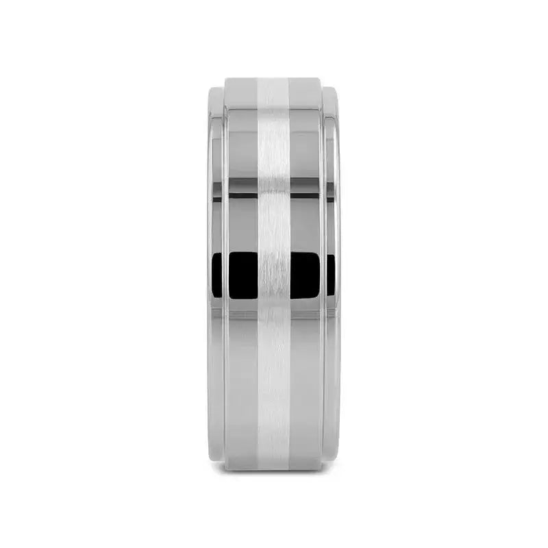 Thessaly tungsten ring with brushed stripe, front view