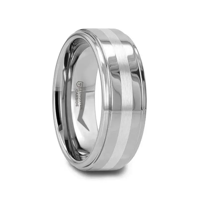 Thessaly tungsten ring with brushed stripe, side view
