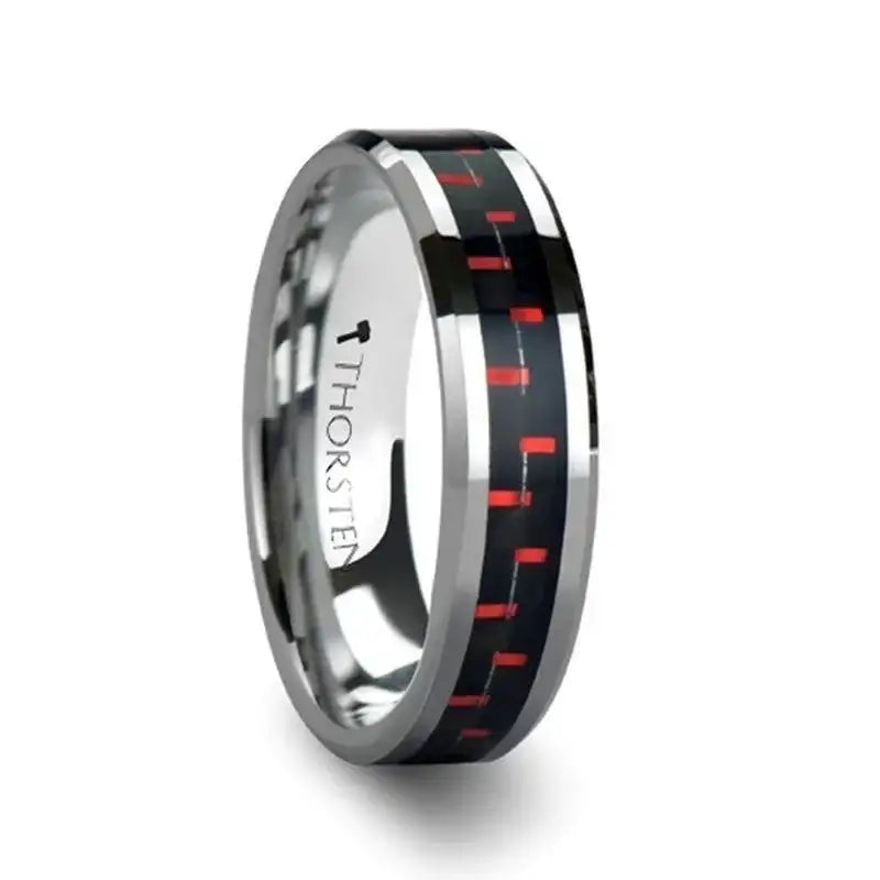 Cyrene tungsten ring with carbon fiber inlay, side view