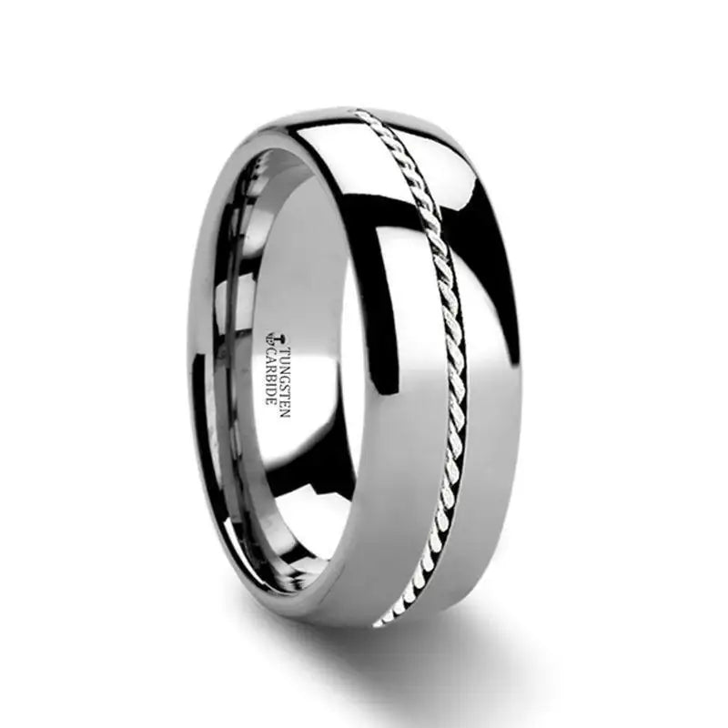 Byzantium tungsten ring with braided palladium inlay, side view