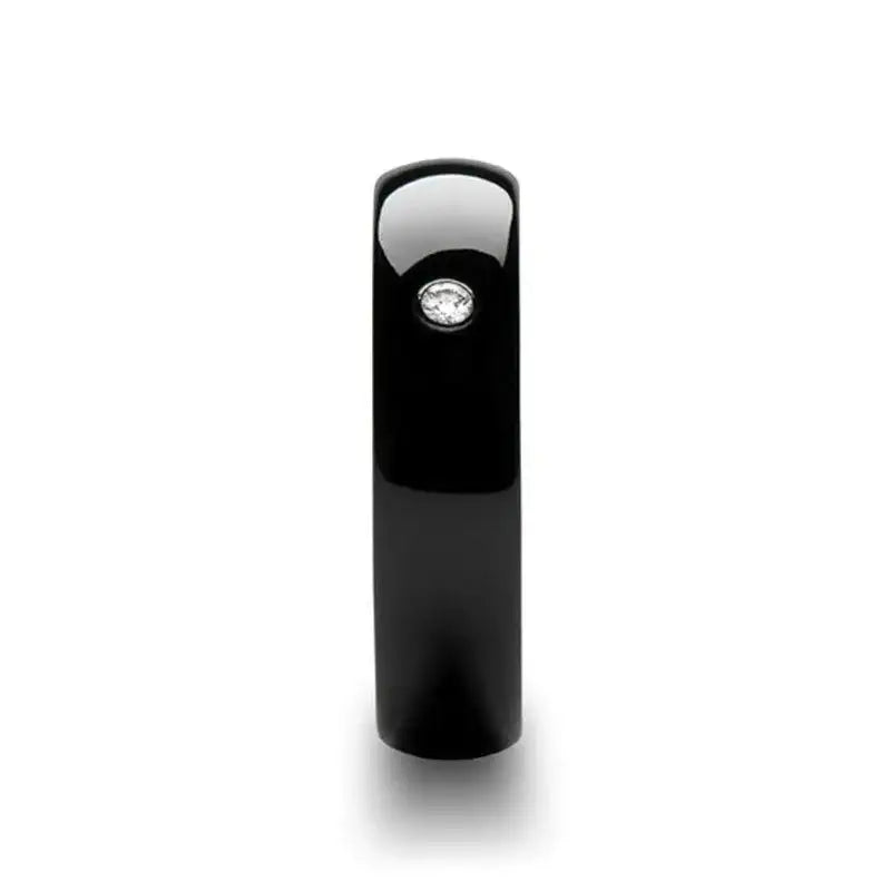 Sekhmet domed black ceramic ring with diamond, front view