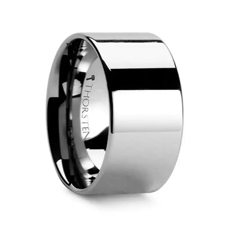 Palmyra flat polished tungsten ring, side view