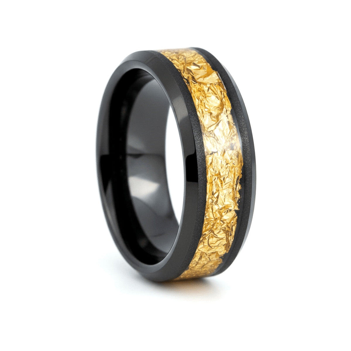 Atum black tungsten ring with gold foil inlay, front view