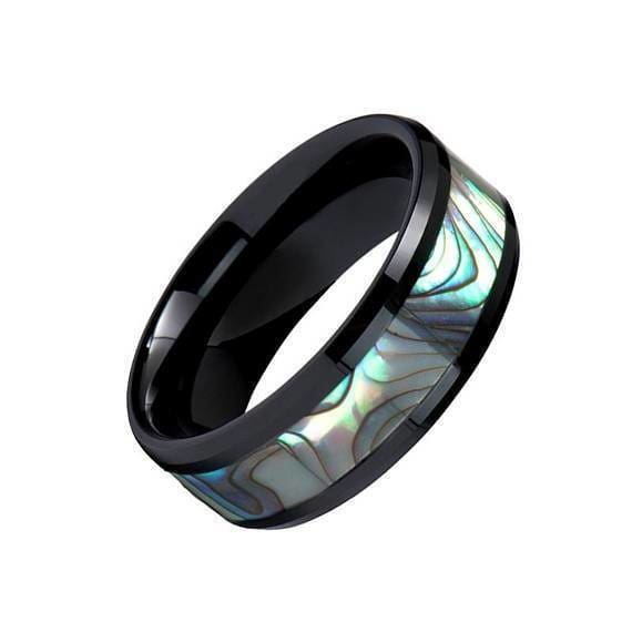 Austin Black Ceramic Wedding Ring Shell Inlay Beveled Polished Finish - 8mm