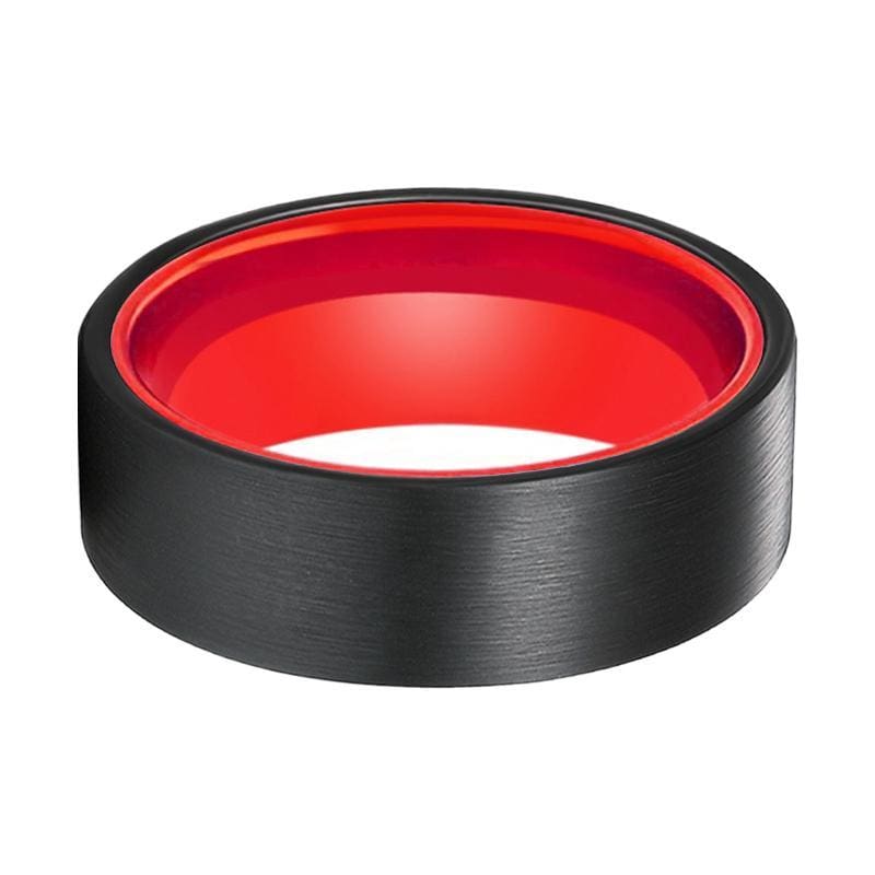 Belmont Black Brushed Flat Tungsten Carbide Ring with Fire Red Inner 6mm & 8mm