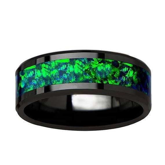 Black Ceramic Wedding Band Emerald Green & Sapphire Blue Color Opal Inlay 6mm 8mm