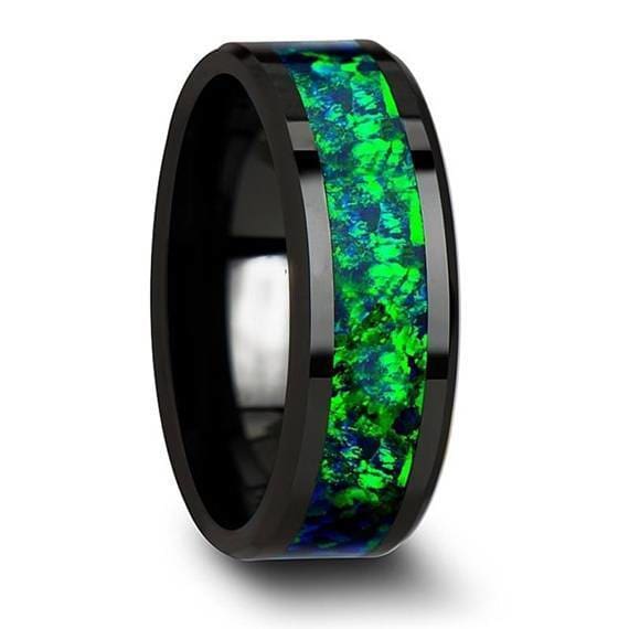 Black Ceramic Wedding Band Emerald Green & Sapphire Blue Color Opal Inlay 6mm 8mm