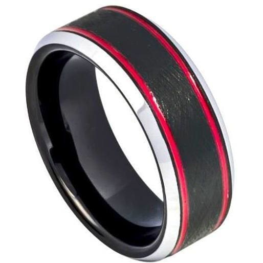 Black Ice Finish Tungsten Wedding Band with 2 Red Stripes on sides Beveled Edge - 8mm