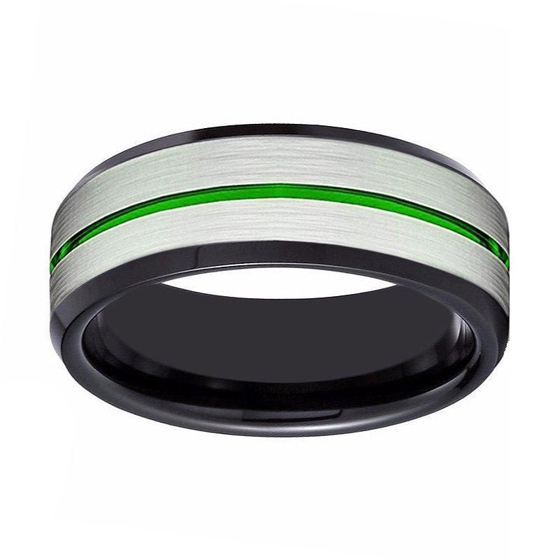 Black Tungsten Carbide Ring with Brushed Silver Center and Green Groove - 8mm