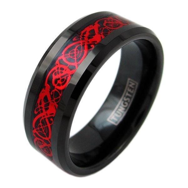 Schwarzer Wolframkarbid-Ring mit rotem keltischem Drachen-Designmuster, 6 mm und 8 mm