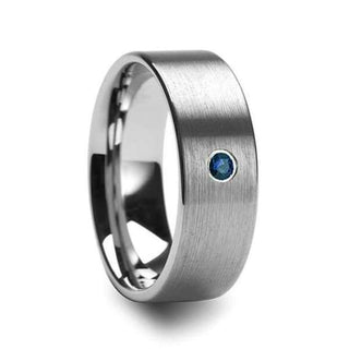 Blue Diamond Silver Tungsten Wedding Ring Flat Brushed with 1 Diamond 6mm & 8mm - 6mm / 5 / Natural