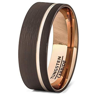 Brauner Wolfram-Ehering, gebürstet mit dünner Seite, Roségoldrille, flacher Rand – 8 mm - 7 / Braun