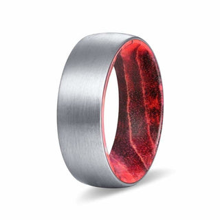 DALLAS Gewölbter Wolfram-Herrenring mit schwarz/roter Box-Holunderholz-Hülse, 8 mm - 7 / Wolfram