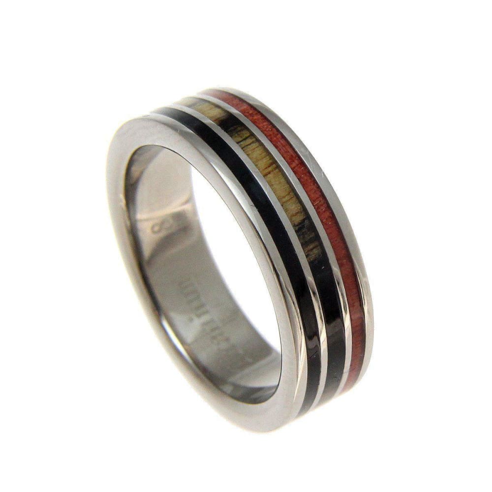 Dalton Genuine Titanium Wedding Band Pink Ivory Wood Ebony & Cocobolo Inlay - 6mm