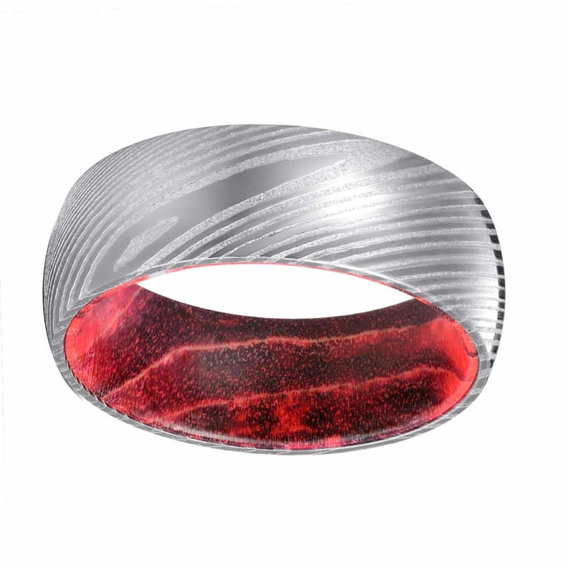 DANNON Domed Damascus Steel Ring with Black/Red Box Elder Wood Sleeve 8mm