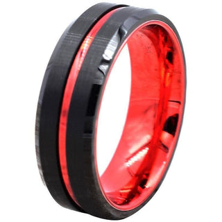 Devin Black Tungsten Wedding Ring W/ Ion Plated Red Stripe & High Polished Beveled Edges 6mm & 8mm - 6mm/size 5 / Tungsten