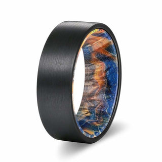 EDEL Ring aus gebürstetem Wolfram im Rohrschliff, schwarz, mit Hülse aus blau-gelbem Holunderholz - 6mm / Schwarz / Black