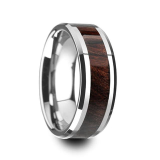 Karro Genuine Bubinga Wood Inlaid Tungsten Carbide Ring With Beveled Edges 8mm - 5 / Tungsten