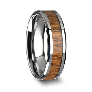 Olavi Genuine Teak Wood Inlaid Tungsten Wedding Band With Beveled Edges 6mm - 10mm - 6mm / 5 / Tungsten