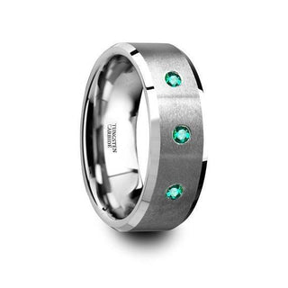 Green Emerald Silver Tungsten Wedding Ring Brushed Beveled Edges w/ 3 Emeralds - 8mm - 5 / Tungsten